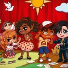 Szene #, sechs Cartoon-Kinder vor rotem Vorhang, basteln und üben. Sonne, Wolken, Taube als Dekoration.