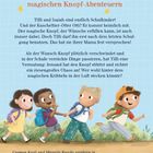Titel: Von stibitzten Wünschen und magischen Knopf-Abenteuern. Eine bunte Illustration von vier fröhlichen Kindern mit Rucksäcken.
