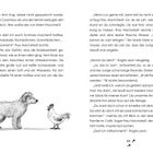 Seitenweise Text beschreibt eine Szene mit einem Hund und einer Henne. Unten ist eine Illustration eines Hundes und einer Henne.