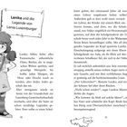 "Lanika und die Legende von Lenia Luxemburger." Ein Mädchen mit Zöpfen und einer Tasche blickt neugierig. Textseiten mit Geschichte.