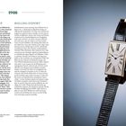 Links: Text über "Rolling Export" und Uhrengeschichte. Rechts: Schmale, rechteckige Uhr mit römischen Ziffern.