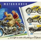 Illustration: Oben "MOTÖRRADER" und "gereift in über 25 jähriger Erfahrung". BMW-Logo. Motorräder R25, R51/3, R67 abgebildet.