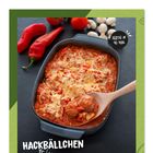 "Hackbällchen Italia", "Fertig in 40 Min." zeigen ein Ofengericht mit Tomaten, Käse und Blockpaprika in grüner Umrandung.