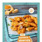Text: „Käse Knusper-Hähnchen, ca. 10 Min. 180°C“. 
Zu sehen sind panierte Hähnchenstücke, Käse und ein Kräuterzweig.