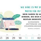 Texte: "Wie wäre es mit diesem Motto für 2027: Nein sagen zu allen Dingen, die dich nicht restlos begeistern." Kalenderillustration.