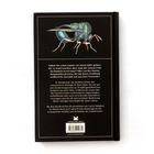 Eine farbige Illustration eines Insekts über Text über leuchtende Käfer und Insektenwelt, Buchrückseite.