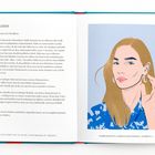 Linke Seite: Anleitung zum Metalltest für Hauttöne. Rechte Seite: Illustration einer Frau mit langen Haaren und blauer Kleidung.