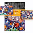 „GREIF NACH DEN STERNEN!“ Puzzleverpackung, Anleitung und bunte Illustrationen von Planeten und Figuren im Weltraum.