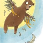 Ein Braunbär mit Flügeln aus Zweigen und Federn schwebt vor einer gelben Scheibe. Federn fallen hinunter.