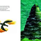 Text: „Und jeden Tag warten sie auf die große Krähe...“ Illustration von einer fliegenden Krähe und grüner Berglandschaft.