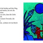 Text über zwei Figuren, die nach Liebe suchen. Illustration: zwei bunte Figuren, Pflanzen, blauer Hintergrund.