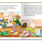 Text: Leo spielt allein mit den Töpfen und dem bunten Holzgemüse. Dann wird es wirklich lustig. Illustration von Tieren, die zusammen spielen.