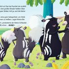 Text über Familie Stinker. Kaninchen und Stinktiergruppe in Waldlandschaft. Bunt, fröhlich, kindlich illustriert.