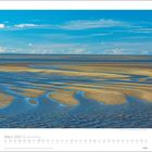 März 2027, Inseln & Meer. Ein Kalenderblatt mit einer Küstenlandschaft bei Ebbe, Sandbänke und Wasserläufe im Vordergrund.