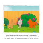 Illustration von Tieren in einem Garten: Ein Hase, eine graue Katze und ein rotes Katzenkind vor einem Holzzaun und Sträuchern.