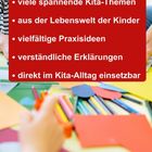 Text auf rotem Hintergrund: Bildungsbereiche, spannende Kita-Themen, Praxisideen. Darunter bunte Bastelmaterialien.