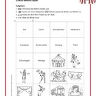 Zirkus-Memo-Spiel mit Aufgaben zum Ausschneiden und Zuordnen von Bild-Wort-Paaren. Illustrationen von Zirkus-Themen.