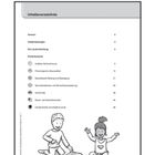 Text oben: "alle Aspekte der Sprache berücksichtigt!"
Darunter: Inhaltsverzeichnis mit Seitenzahlen und Themen.
Unten: Illustration von zwei Kindern, die sich freuen.