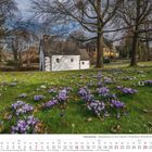 Kalenderseite März 2027, Foto von Krokuswiese vor einer kleinen, weißen Kapelle mit Bäumen und einem gelben Haus.