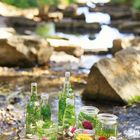Glasflaschen und Gläser mit Farnen und bemalten Steinen stehen auf einem Felsen in einem flachen Bach.