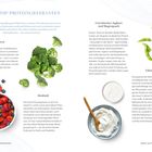 "MEINE TOP-PROTEINLIEFERANTEN", beschreibt gesunde Lebensmittel wie Beeren, Brokkoli, Joghurt und Edamame mit Texten und Bildern.