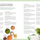Schritt für Schritt zum Erfolg: Ernährungstipps zum Abhaken. Tipps beinhalten Gemüse, Eiweiß, Fasten, Trinken, Volllkorn.