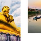 Links: Goldene Buddha-Statue im Himmel; rechts: Fischer wirft Netz im Fluss bei Sonnenuntergang aus.