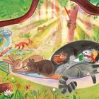 Illustration von Tieren, die in einer Hängematte schlafen. Ein Eichhörnchen hält ein "Garden How to"-Buch.