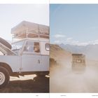 Links: "Land". Rechts: "Chapter 01 Adventure & Travel". Ein Offroad-Fahrzeug in einer bergigen Landschaft.