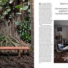 Linker Text: Zwei Absätze in Englisch über Lust und Schmerz. Oben rechts in Latein: "Epero cris, Catussu ere publint plicit." Unten: Eine Holzbank vor einem großen Baum mit zahlreichen Wurzeln und Blättern. Rechts: Büroeinrichtung mit Schreibtisch und Lampe vor einem Fenster.