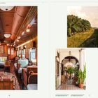 Text: "EASTERN & ORIENTAL EXPRESS", "DIE GROSSEN SALONS". Links luxuriöser Zugwaggon, rechts Palmenlandschaft und Innenbereich.