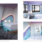 Opia doluptatur? Beario. Schlafzimmer mit modernen Design, Pastellfarben, geschwungene Formen und großen Fenstern.