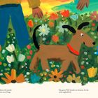 Texte: "Wenn Atome aufeinandertreffen, halten sich manche aneinander fest und formen zusammen neue Dinge." "Die ganze Welt besteht aus Atomen. Ist das nicht unglaublich?" Illustration: Ein Hund mit rotem Halsband steht auf einer Blumenwiese, umgeben von bunten Blumen und einem blauen Schmetterling. Hände und Beine von Personen sind im Hintergrund sichtbar.