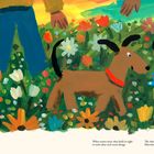 "When atoms meet, they hold on tight to each other and create things. The whole world is made from atoms." Illustration: Ein Hund im Blumenfeld.