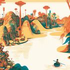 Eine farbenfrohe Illustration zeigt eine Flusslandschaft mit exotischen Tieren und einem Ruderer im Vordergrund.