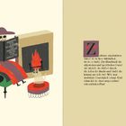 Ein Skelett mit Hut liest ein Buch "Handbuch für allgemeinen und spezifischen Grusel für Skelette" vor einem Kamin.