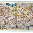 „Islandia“ oben, detailreich gezeichnete Karte von Island mit Kreaturen im Wasserbereich und kunstvollem Rahmen.