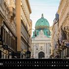 "Blick vom Kohlmarkt auf die Wiener Hofburg" steht unten rechts. Edle Geschäfte und eine grüne Kuppel in der Mitte.