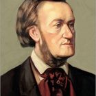 Richard Wagner, 1813-1883. Kalenderblatt für März. Illustration eines Mannes mit rötlicher Krawatte und Anzug.