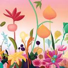 Illustration: Bunte, stilisierte Pflanzen mit vielfältigen Formen vor einem rosa Hintergrund.