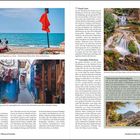 **Oued Laou**: Beschreibung der Gegend, Markt und Fischerdorf.

**Medina**: Ursprüngliches Tétouan, Gassen im Labyrinth und Handel.

**Cascades d'Akchour**: Beschreibt einen grünen Paradiesort mit Wasserfällen.

**Talassemtane-Nationalpark**: Naturschutzgebiet mit Wanderwegen.

Fotos von Fischern am Strand, einer engen Gasse und Wasserfällen.