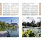 Links oben: Kunsthandwerkermarkt am Strandbad Seeon. Rechts oben: Floßfahrten auf der Alz. Unten links: Kirche am ruhigen Fluss. Unten rechts: Gelbes Schlauchboot auf der Alz.