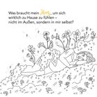 „Was braucht mein Herz, um sich wirklich zu Hause zu fühlen – nicht im Außen, sondern in mir selbst?“ Eine Illustration zeigt eine Person, umgeben von Blumen und Wiesen.