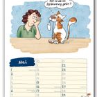 Illustration: Ein Mensch stützt traurig den Kopf, daneben eine Katze mit einer Computermaus im Maul. Text: "Noch nie was von Digitalisierung gehört?!". Darunter ein Kalender für Mai.