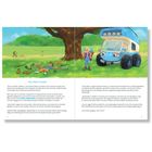 Texte: "Nie wieder wandern", Dialoge über Hitze, müde Füße, und den Jakobsweg.  
Illustration: Baum, junger Mann ruht sich aus, kleiner blauer Truck.
