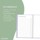 Terminplaner: Format 11x15,5 cm, 136 Seiten, feine Prägung auf dem Cover, Fadenheftung, Wochenübersicht auf 2 Seiten.