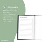 Terminplaner: Format 11 x 15,5 cm, 136 Seiten, Prägung, Fadenheftung, Wochenübersicht. Notizbuch zeigt To-Do-Liste.