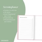"Terminplaner: 11 x 15,5 cm, 136 Seiten, feine Prägung, Fadenheftung, Wochenübersicht. Geöffnetes Planerblatt rechts."