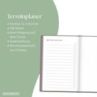 Terminplaner: Format 11 x 15,5 cm, 136 Seiten, feine Prägung, Fadenheftung, Wochenübersicht auf 2 Seiten. Links in Grün.