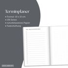Terminplaner: Format 10x15 cm, 136 Seiten, naturbelassenes Papier, Fadenheftung. Geöffnet mit To-Do-Liste.